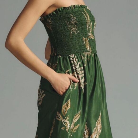 Anthropologie Olive Green Tropical Leaf Balloon Leg Smocked Sleeveless Jumper - Picture 4 of 16